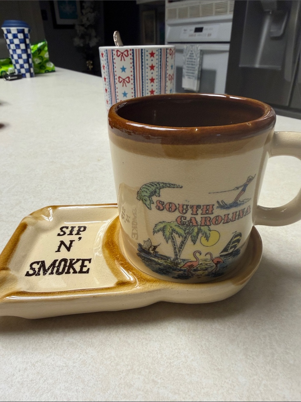 Vintage South Carolina Sip N' Smoke Ceramic Mug & Tray - Cream and Brown